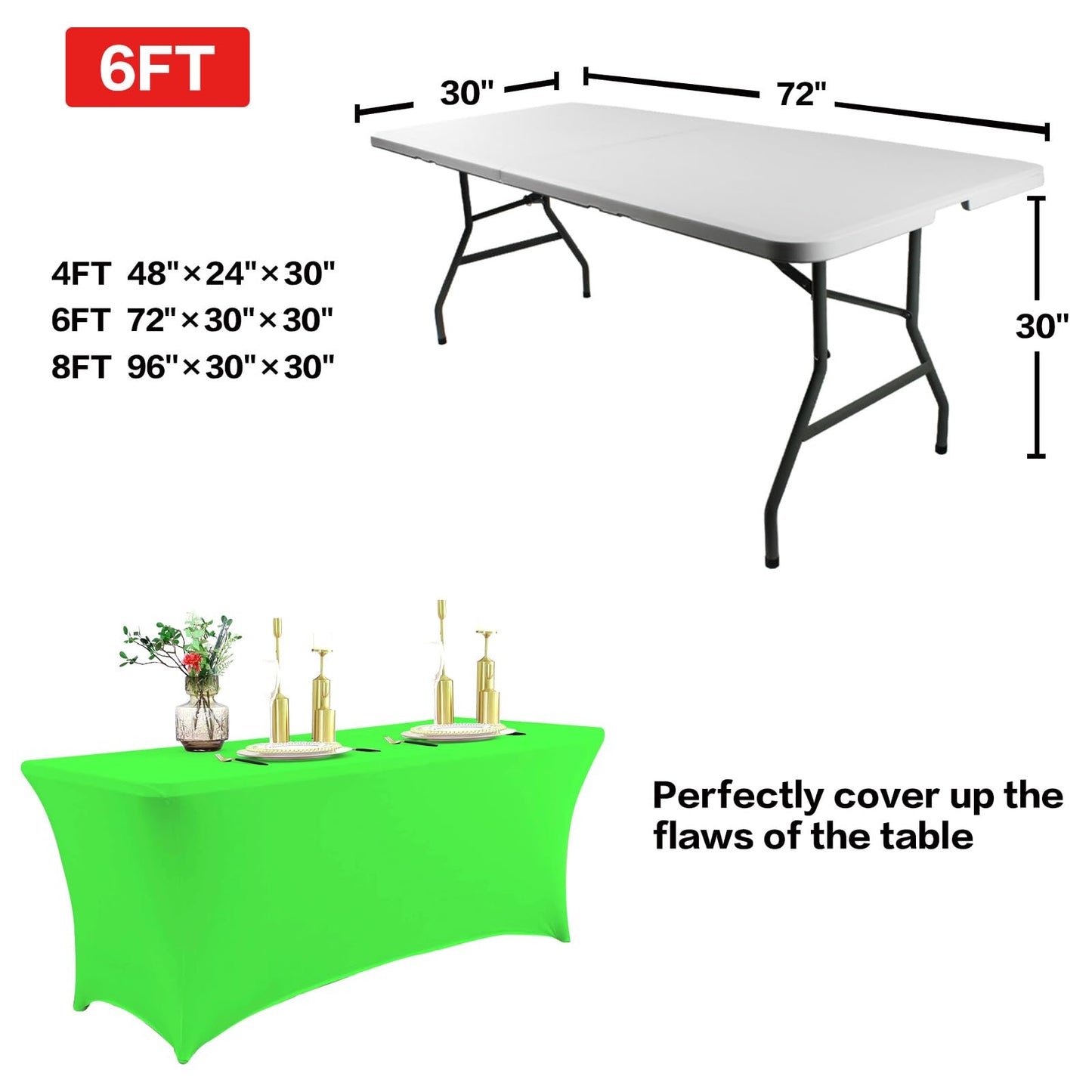 IVAPUPU 2 Pack 6FT Table Cloth for Rectangular Fitted Events Stretch Green Washable Table Cover Spandex Tablecloth Protector for Party, Wedding, Cocktail, Banquet, Festival