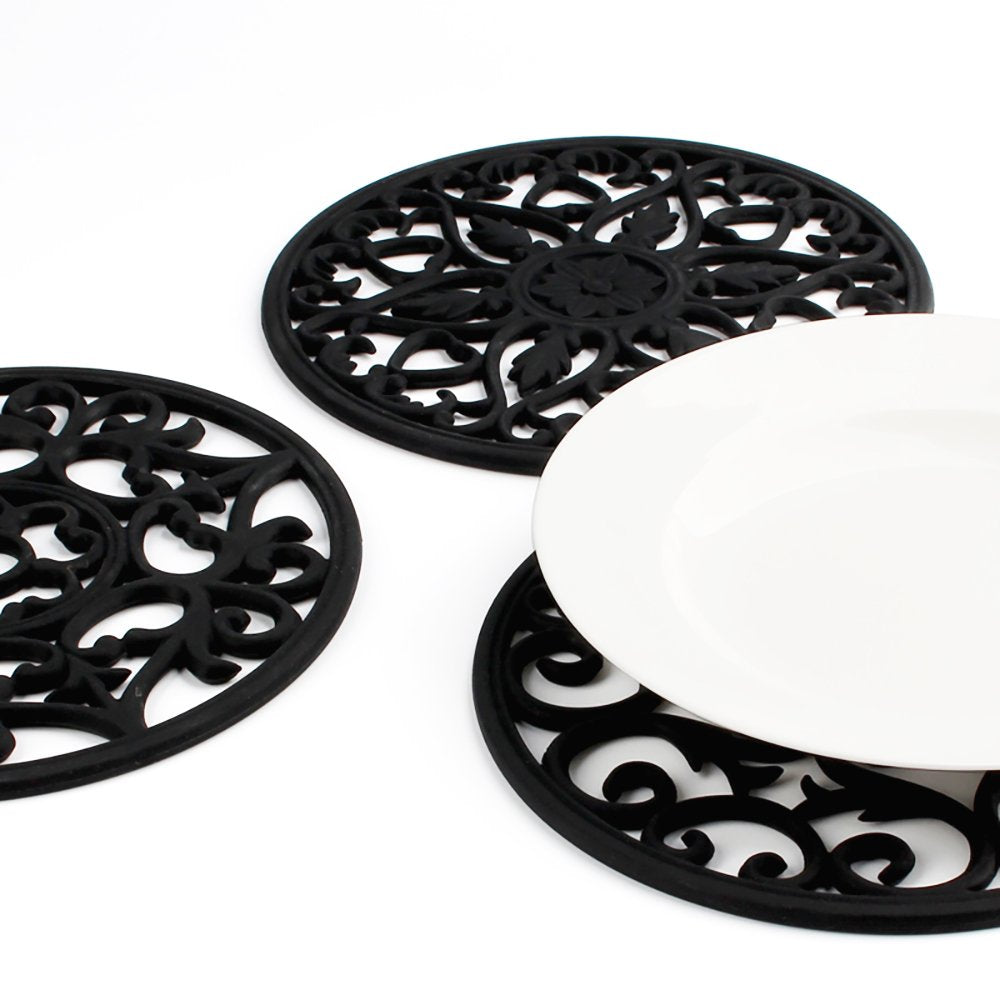ME.FAN Trivets for Dishes/Pots/Pans, 3 Pcs Silicone Mats, Flexible/Durable/Non Slip Hot Pads to Protect Table and Counter Top (Black)