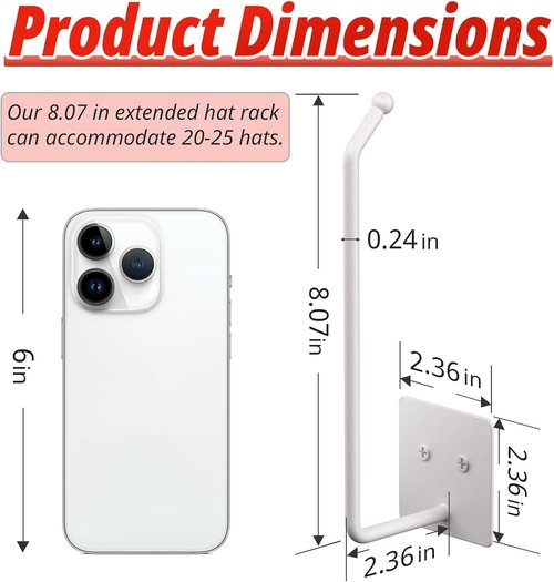 Durmmur Hat Racks for Baseball Caps - 2 Pack Wall Organizer with Strong Adhesive | 8.07" Size, White
