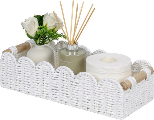 CubesLand Scalloped Edge Toilet Paper Storage Basket - Cozy Home Decor with 2 Wooden Handles | White