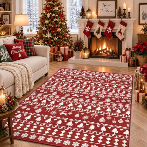 Christmas Red 4x6 Area Rugs for Entryway, Washable Non‑Slip Low‑Pile