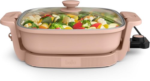 Bella Make & Take Electric Skillet - Adjustable Temperature, Dishwasher-Safe Lid, 1200W, Blossom Color