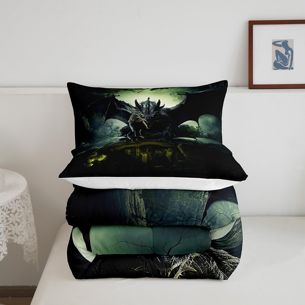 Erosebridal Flying Dragon Bedding Print for Boys Girls Room Decor - Dragon Bedding King, Exotic Dragon Comforter Set Tropical Rainforest Quilt Soft Microfiber Duvet Insert with 2 Pillow Cases
