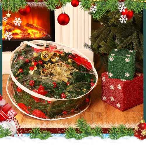Shappy 1 Piece Clear Christmas Wreath Storage Container 24 Inches Xmas Wreath Storage Bag Plastic Christmas Garland Container with Dual Zippers and Reinforced Handles for Xmas Seasonal (Clear)