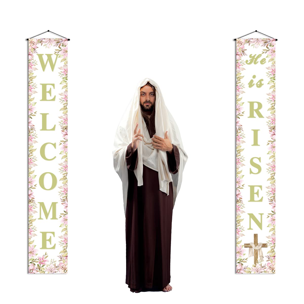 Pudodo He Is Risen Porch Banner Easter Christian Cross Resurrection Religious Holiday Party Front Door Sign Wall Hanging Decor