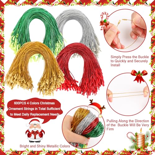 JUNEBRUSHS 600 Pack Christmas Ornament Hooks with Snap - Gold, Silver, Red, Green