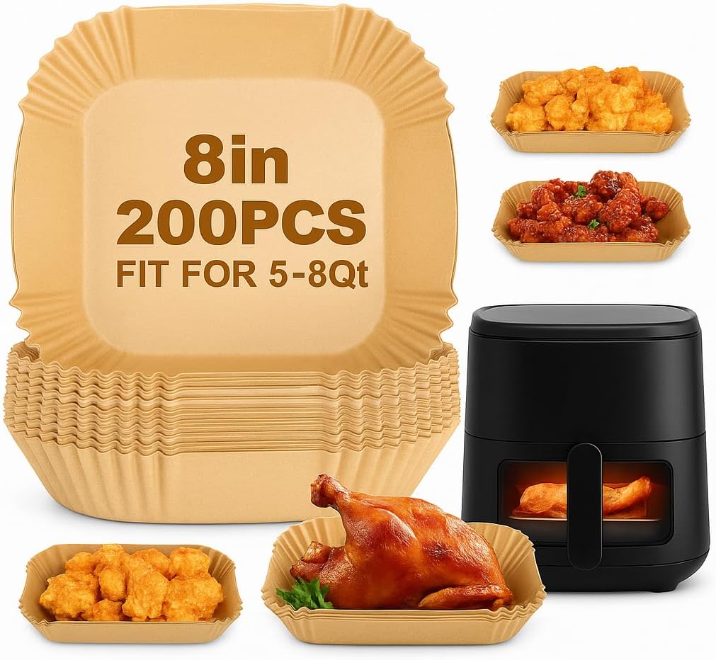 Skiennix 200 Pack Air Fryer Liners - Disposable Unbleached Parchment Paper, Non-Stick & Heat Resistant