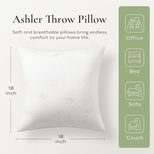 Ashler Throw Pillow Inserts - Premium 18x18 Air Layer Cushions for Bed & Couch | Pack of 2, White