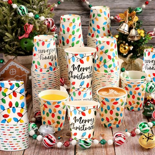 Funtery 100 Pcs Christmas Paper Cups with Lights - Disposable 9oz