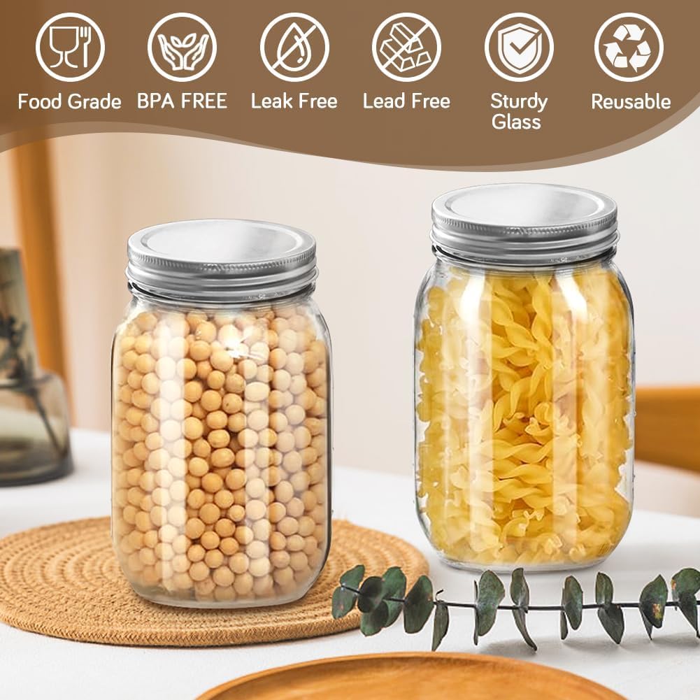 Leaflai 2 Pack 16oz Glass Mason Jars with Airtight Lids - Regular Mouth Canning Jars for Jam, Honey, Jelly, Pickling, Meal Prep, Overnight Oats, Smoothies, Salads - Wedding Favors, Party & Gift