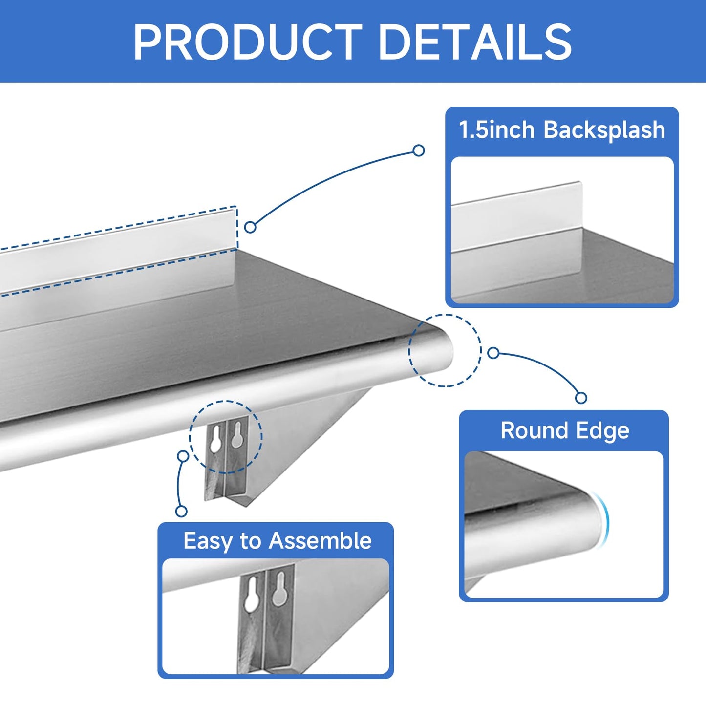 ROCKPOINT Stainless Steel Shelf 14 x 36 Inches 300lb, NSF Metal Commercial Shelves Wall Mount Floating Shelving with Backsplash for Restaurant, Kitchen, Home and Hotel, Silver