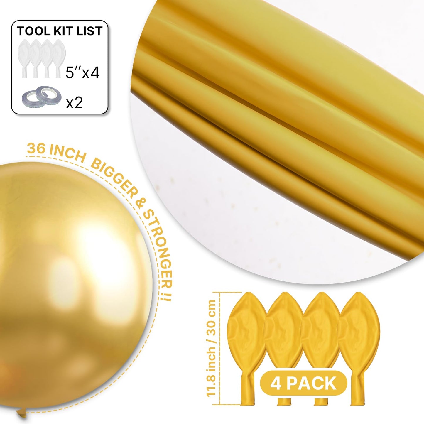 PartyWoo Metallic Gold Balloons 4pcs 36 Inch Extra Large Big Jumbo Giant Chrome Gold Latex Helium Balloons for Graduation Baby Shower Birthday Bachelorette New Year Party Decorations Gold-G101