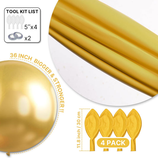 PartyWoo Metallic Gold Balloons 4pcs 36 Inch Extra Large Big Jumbo Giant Chrome Gold Latex Helium Balloons for Graduation Baby Shower Birthday Bachelorette New Year Party Decorations Gold-G101