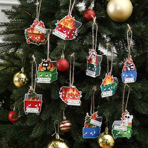 Syhood 10 Pcs Christmas Dumpster Fire Ornament Everything is Fine Christmas Tree Hanging Decoration Emotional Support Dumpster Fire Decor Employee Appreciation Gift for Xmas Team Coworker, 10 Styles
