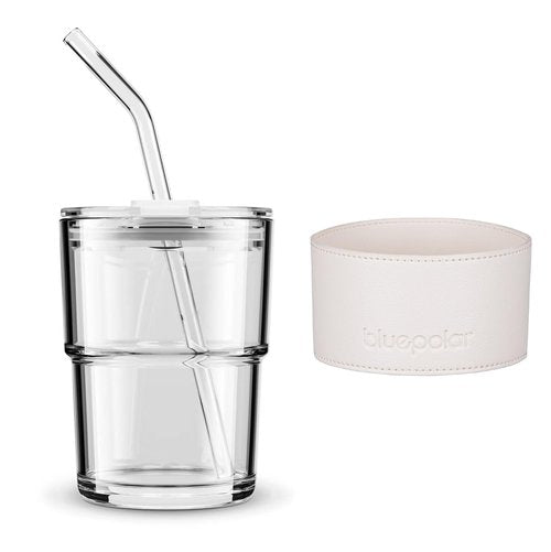 BLUEPOLAR 13 oz Tumbler Water Glass, Water Bottle with Straw and Dustproof Lid, Coffee Ice Cup Double Wall Insulated Glass Cup (White with Protect Sleeve)