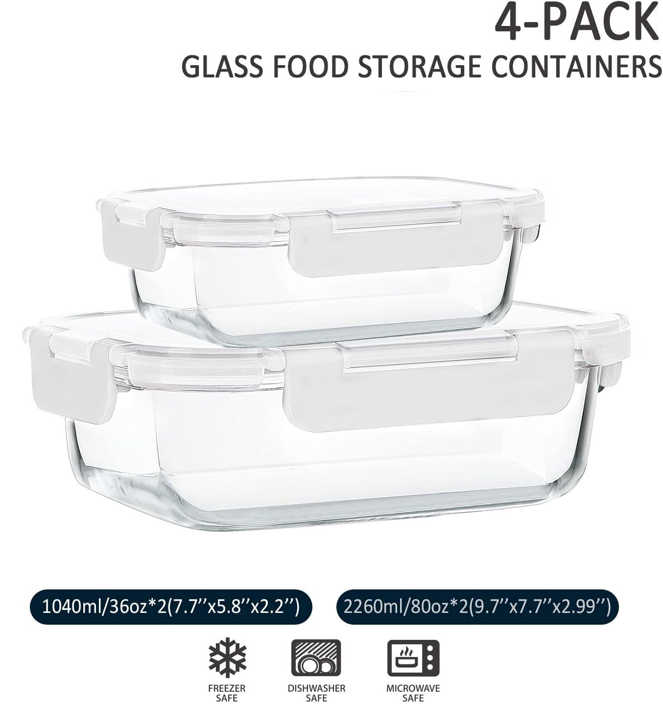 [80 oz & 36 oz]Extra Large Glass Food Storage/Baking Containers Set with Lids, 2 Pack 80 oz(10 cup)&2 Pack 36 oz (4.5 cup)Airtight Glass Container,Microwave,Oven,Freezer and Dishwasher, White