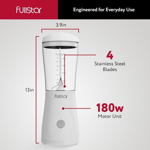 Fullstar Portable Blender - 15 oz Mini Personal Travel Blender for Smoothies & Shakes | Compact Design (White)
