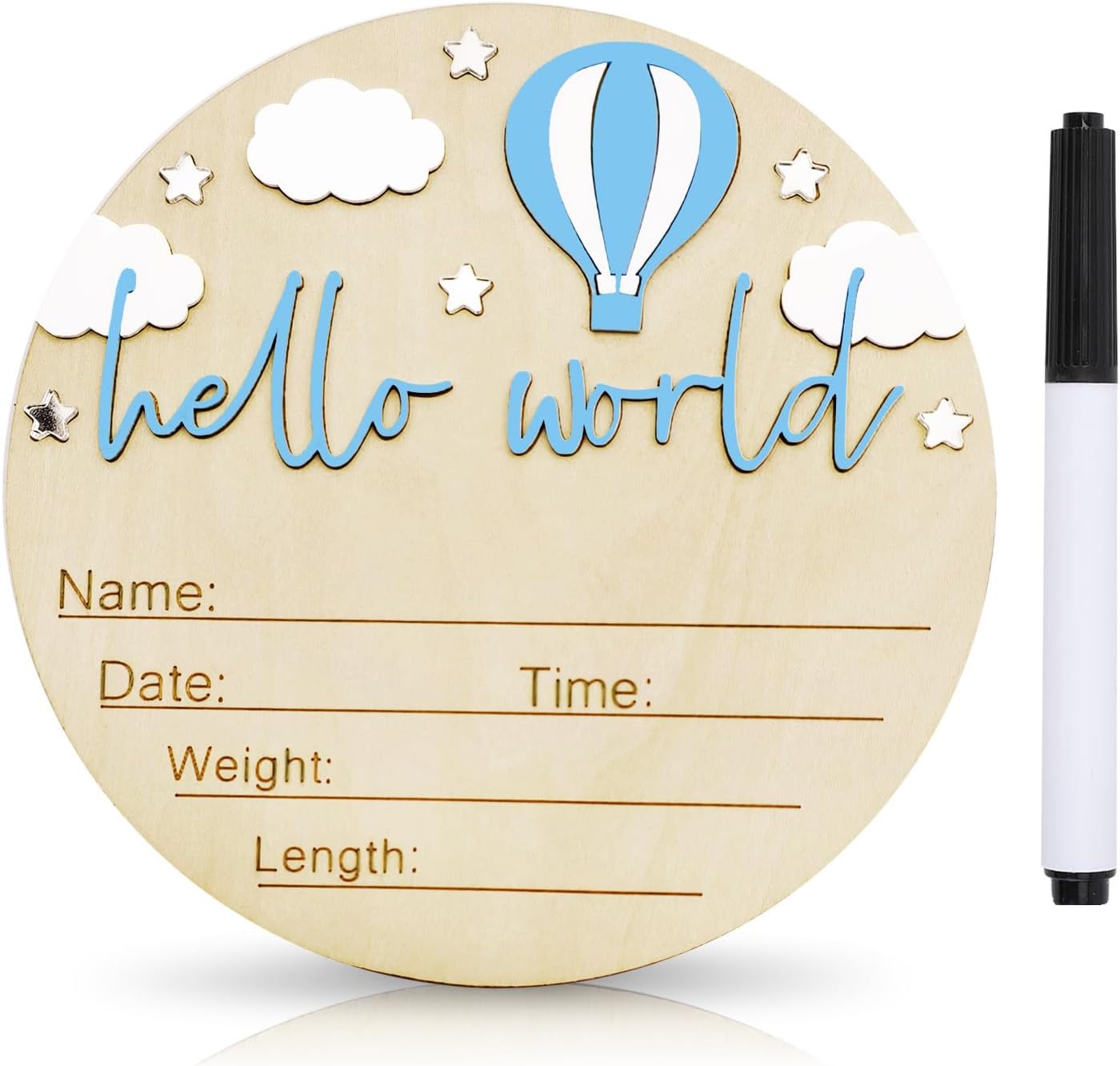 Skiennix Baby Announcement Sign - 5.9 Inch Wooden Hello World Newborn Sign with Hot Air Balloon & Cloud (Blue)