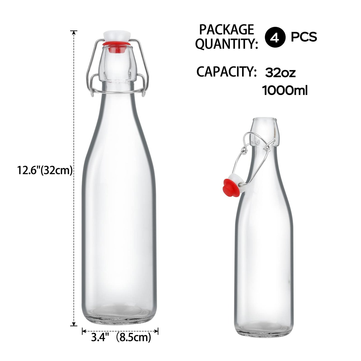 ZEBEIYU Beer Bottle,Swing Top Glass Kombucha Bottles with Stoppers for Brewing,Beverages,Smoothies,Kefir,Soda,Juicing,Kombucha,Oil,Water,Milk,Vinegar(32 oz 4 Pack+4 oz 12 pack)