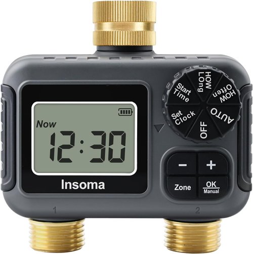Insoma 2-Zone Water Timer - Programmable Brass Hose Faucet Timer with Auto/Manual Modes | Waterproof Garden Sprinkler System