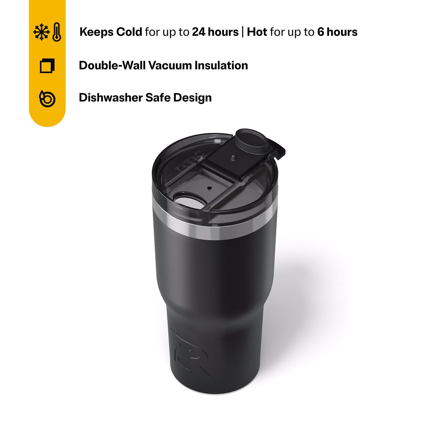 RTIC 20oz Essential Tumbler with Lid, Ceramic Lined, Insulated, Stainless Steel, Metal, Double Wall Vacuum-Insulation, Travel Cup for Iced Coffee, Tea, Hot and Cold Drink, Black