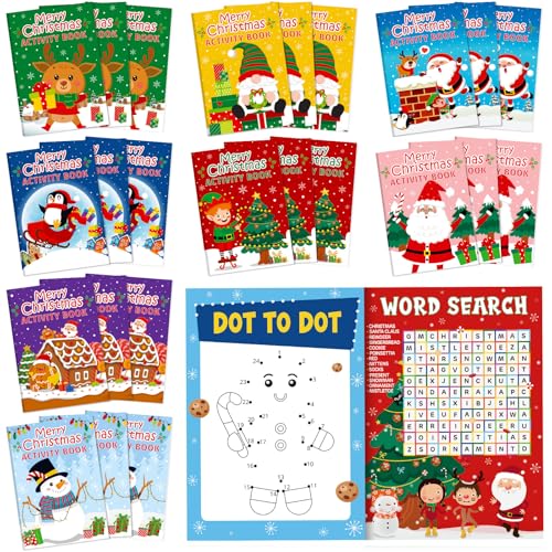 Kosiz 96 Pcs Christmas Activity Coloring Books Mini Games Santa Booklets - Holiday Party Favors & Classroom Supplies