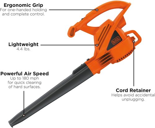 BLACK+DECKER Electric Leaf Blower - Lightweight Handheld Design, 180 MPH Air Speed, 7-Amp Power