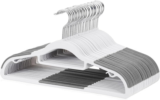 Skiennix 30-Pack Plastic Clothes Hangers - Space-Saving, Non-Slip, 360° Swivel Hook, Slim Design in White & Dark Gray