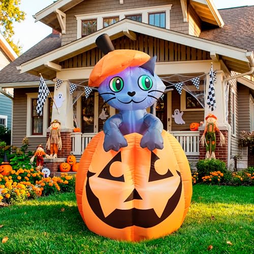 Blue Cat With Pumpkin Inflatable Halloween Decor - 5 FT Animated Outdoor Yard Decoration