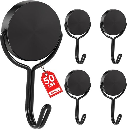 Buelkmag Magnetic Hooks - Heavy Duty 50LBS Swivel Magnet Hooks for Cruise Cabins & Home | 4 Pack - Black