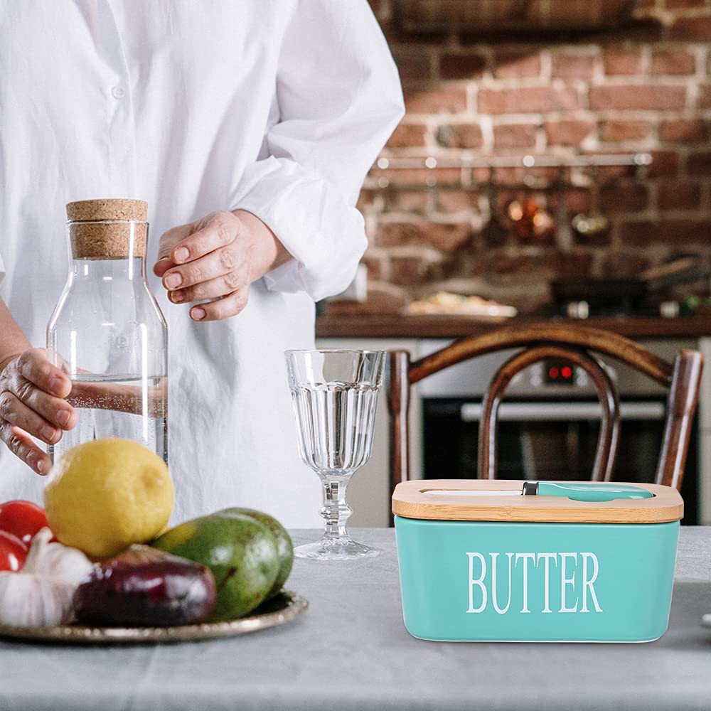 Lxmons Ceramic Butter Dish with Wooden Lid, Large Butters Container Keeper Storage with Stainless Steel Knife Spreader, Bamboo Cover and Silicone Sealing Ring for West East Coast, Aqua