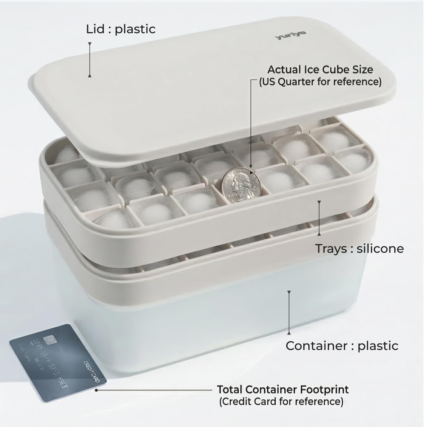 yuriya Ice Cube Tray Set with Lid & Bin, 2 Silicone Trays (32-Cube Each, 64 Total), Easy-Release, Stackable, Leak-Proof, Dishwasher Safe, Sand Beige