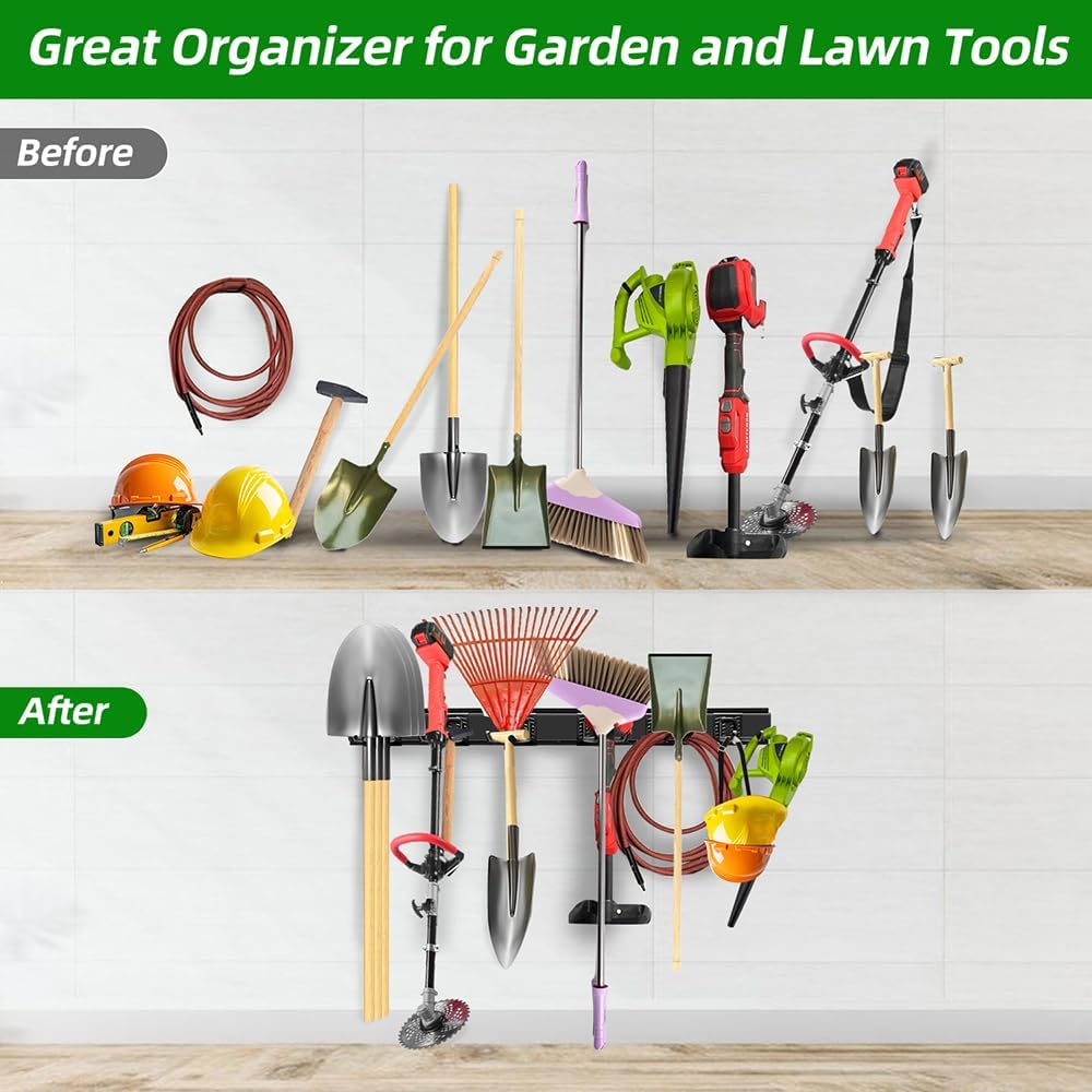 PIYILO Garage Wall Organizer - Heavy Duty Tool Rack with 48-Inch Rails & 6 Hooks | Max Load 360 LBS