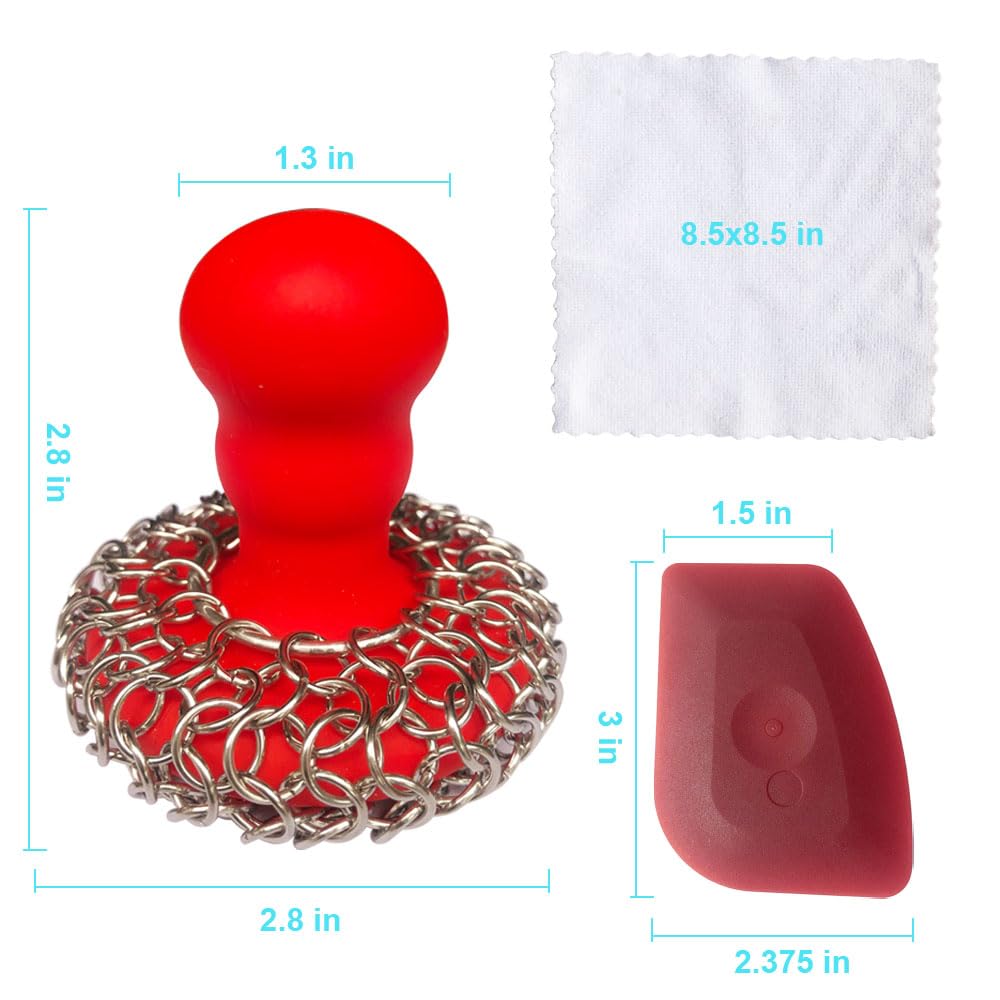 316 Upgraded Chainmail Scrubber with Silicone Handle Cast Iron Cleaner for Cast Iron Grill Pan Skillet Wok Bakeware Ergonomic to Hold Easy to Use Dishwasher Safe, Scrubber + Scraper + Towel (Red)