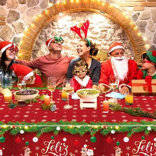 3 Pcs Feliz Navidad Decorations Tablecloth, Red Feliz Navidad Sign Tablecovers, Feliz Navidad Decorations for Home Spanish Christmas Decorations Tablecloth for Christmas Xmas Party 54 x 108 Inch
