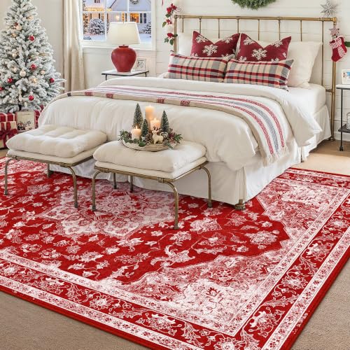 PureCozy Christmas Red 6x9 Low Pile Area Rug Vintage Oriental Carpet - Xmas L