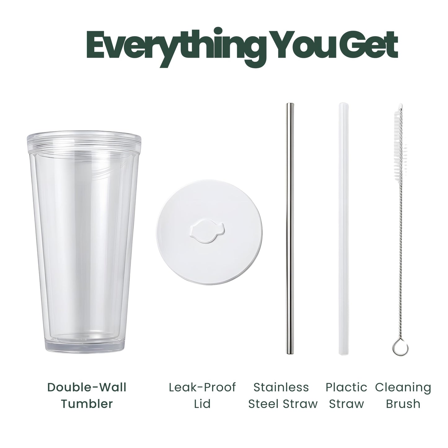 Kensal Home Reusable Iced Coffee Cup (24 Oz/Venti), Leak Proof and Double Wall Insulated Iced Coffee Tumbler, Come with Reusable Plastic and Metal Straws and Straw Cleaner - White