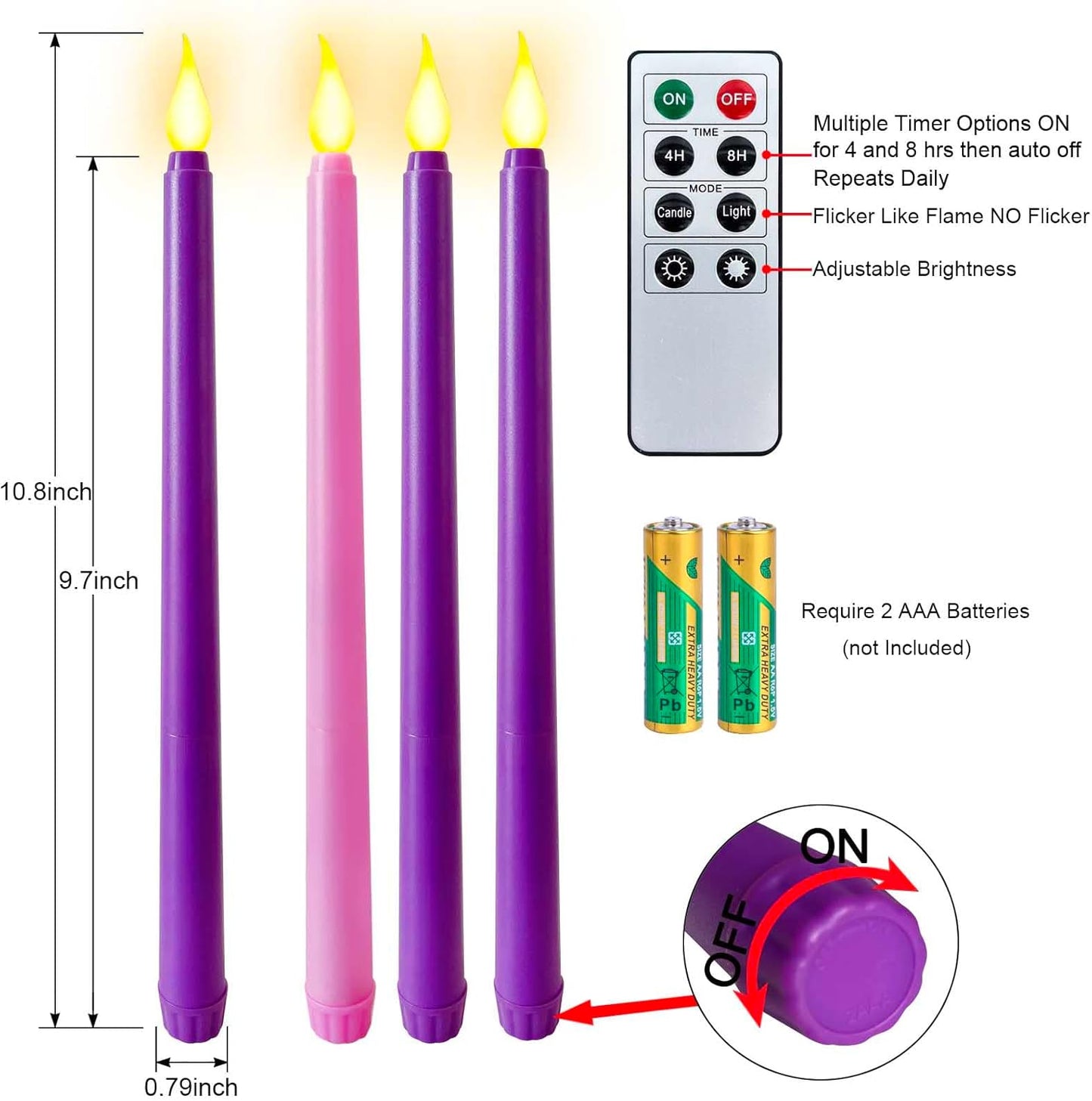 Regine Switzerland Flameless Taper Candles - Set of 4 Battery Operated, Flickering Purple & Pink
