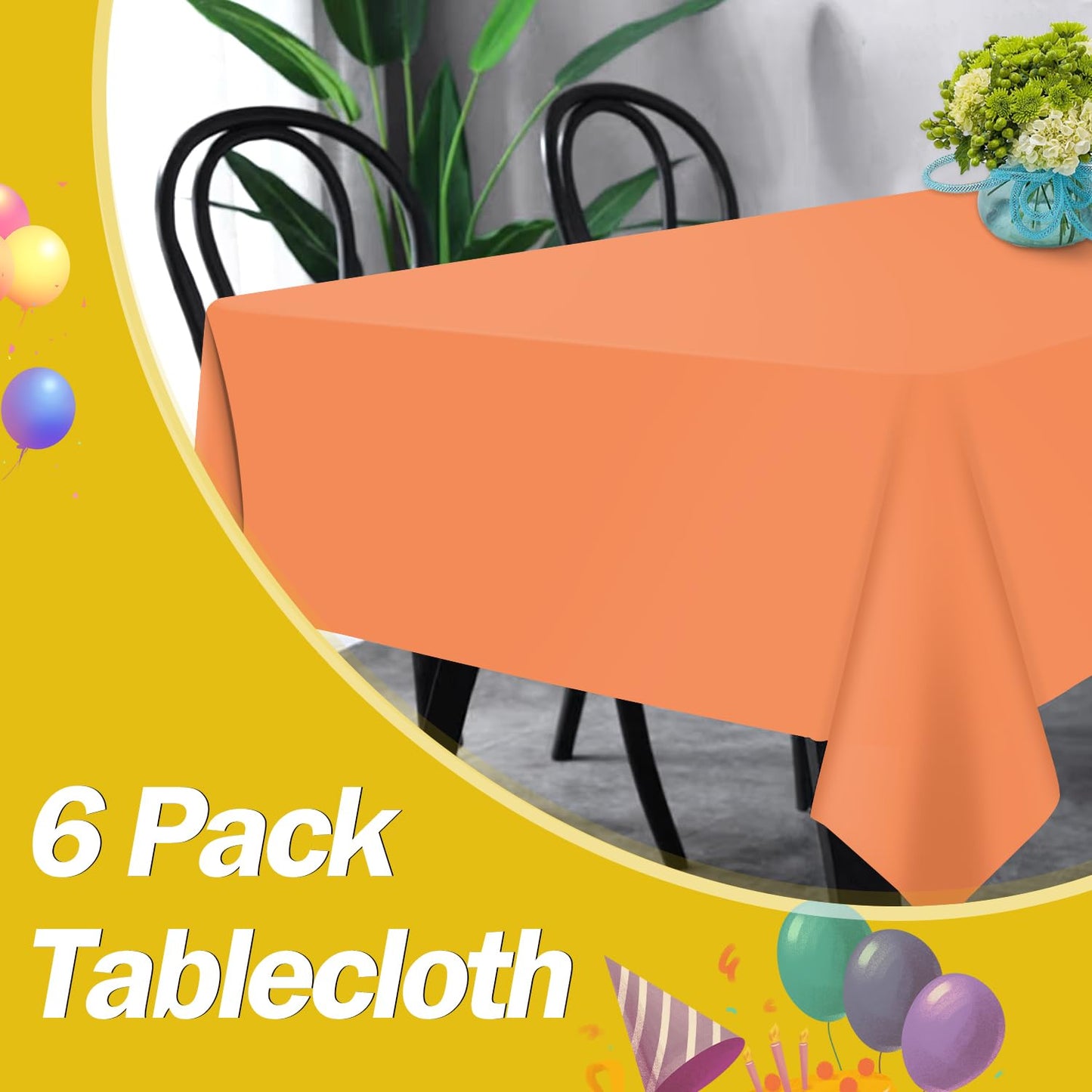 tujol Orange 6 Pack Plastic Table Cloth 54" x 108", Disposable Tablecloths Rectangle Table Cover, Plastic Tablecloths for Parties