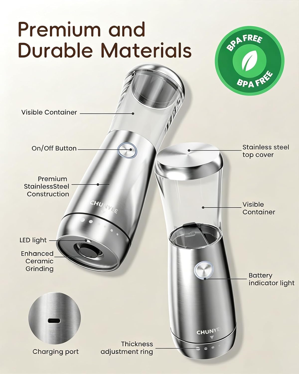 Skiennix Electric Salt and Pepper Grinder Set - Automatic Stainless Steel with LED Light & Adjustable Coarseness