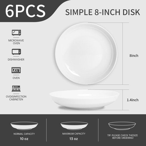 Anveena 8 Inch Porcelain Dinner Plates Set, White Salad Serving Plates, Set of 6 - Microwave, Oven, Dishwasher Safe, Scratch-Resistant