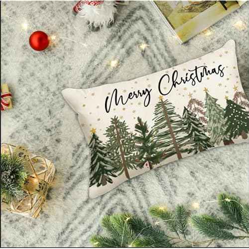 Baccessor Merry Christmas Pillow Cover 12x20 Inch, Xmas Trees Lumbar Pillow Case Christmas Winter Decoration for Cushion Sofa Couch Indoor Outdoor 1 Piece