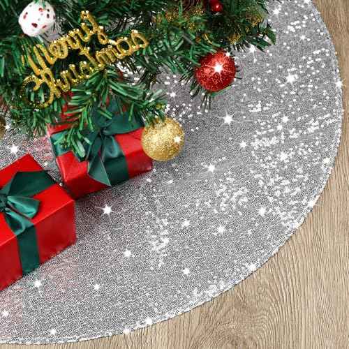 MACTING Christmas Mini Tree Skirt 24 Inch Glitter Sequin Small Tree Mat Sparkly Tree Base Cover for Farmhouse Holiday Party Indoor Home New Year Xmas Tree Decorations(Silver)