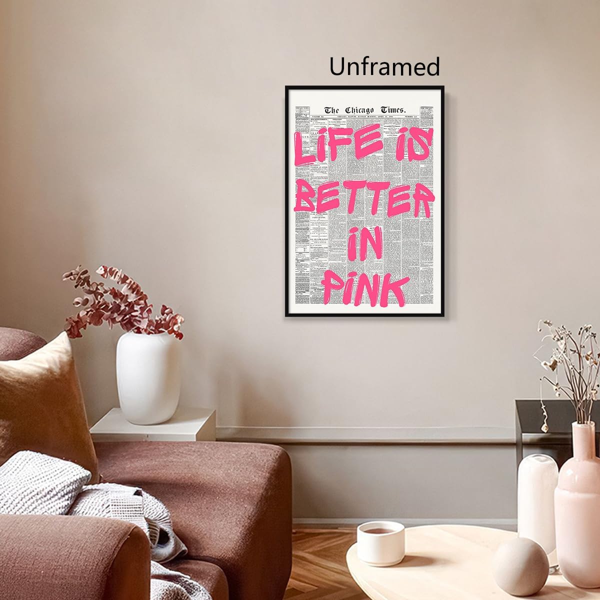 OAOPIC Life Is Better In Pink Quote Poster - Vintage Black & White Canvas Wall Art | Motivational 8x12in Unframed Print