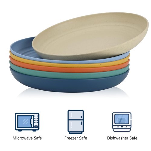 Homienly Dinner Plates, Deep Plate Set, Alternative to Plastic Plates, Microwave and Dishwasher Safe Wheat Straw Plates for Kitchen, Camping, Unbreakable Plate with 6 Colors, Set of 6 (9 Inch, Multi)