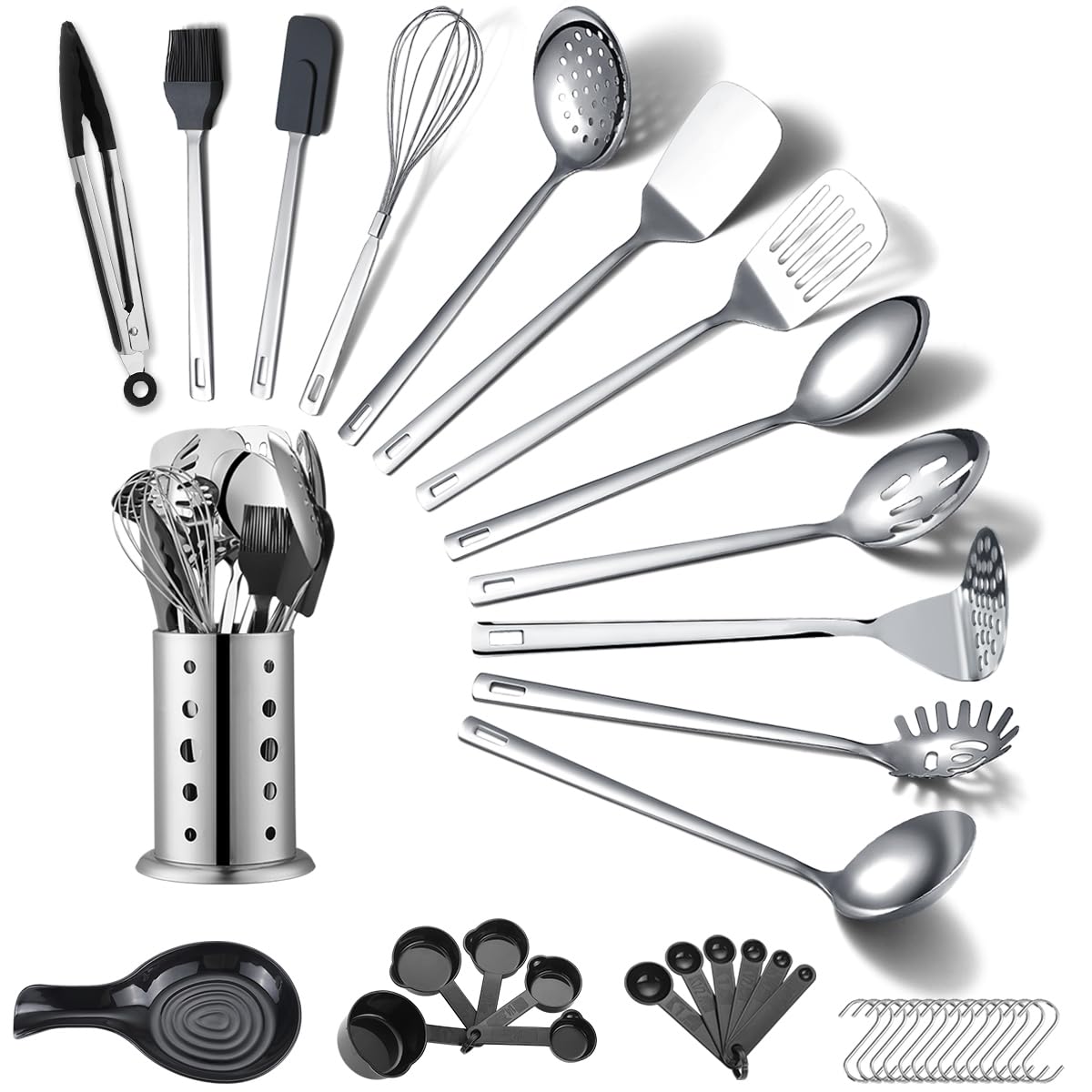 Stainless Steel Kitchen Utensils Set 40 Pieces, Cooking Utensil Set with Utensils Holder, Kitchen Gadgets Kitchen Essentials New Home, House, Appartment Must Have, Metal Spatula Set