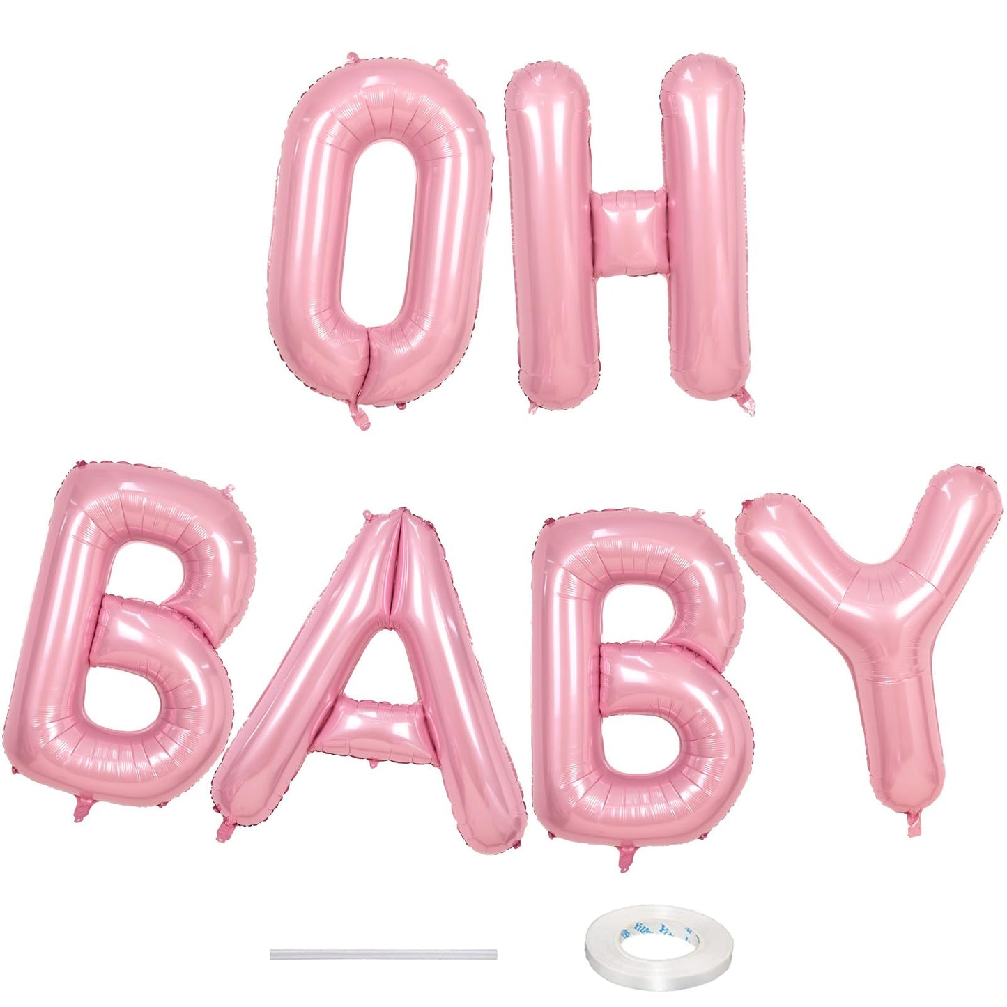 40 Inch Pastel Pink OH BABY Balloon for Baby Shower, Large Light Pink OH BABY Balloon Letters with Ribbon, Pearl Pink Alphabet Balloons Banner Sign for Girl Birthday Party Backdrop Decorations