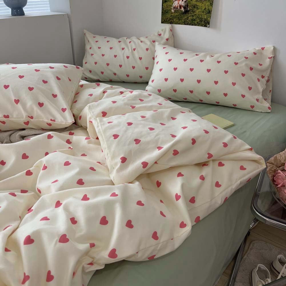Nayoroom Heart Duvet Cover Queen Size Kawaii Pink Heart Printed on Cream White Bedding Set 3Pcs Kids Girls Cute Heart-Shaped Pattern Comforter Cover with Zipper Closure Soft Breathable Microfiber