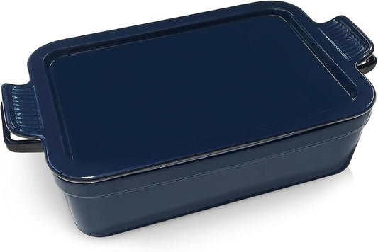 Skiennix Baking Pan - Deep Ceramic Lasagna Dish with Lid for Oven | Navy Blue, 3.1 Quarts