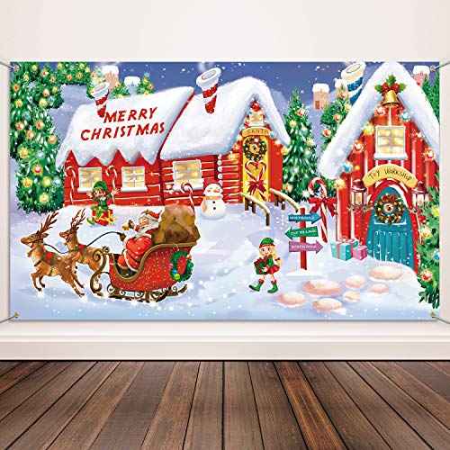 Blulu Christmas Wall Scene Santa Backdrop Extra Large Fabric Door Cover Decor Christmas Banner North Pole Village Setters Photo Booth Background for Holiday Decoration Supplies